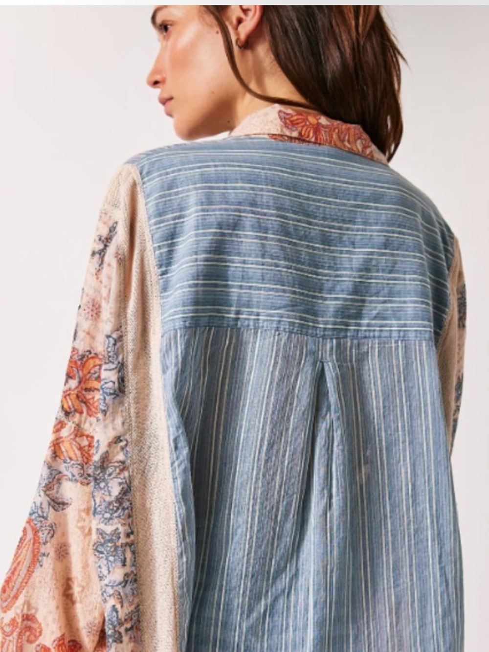 Free People Lucky In Love Mixed Media Oversized Boho Shirt Size Large - Picture 6 of 14